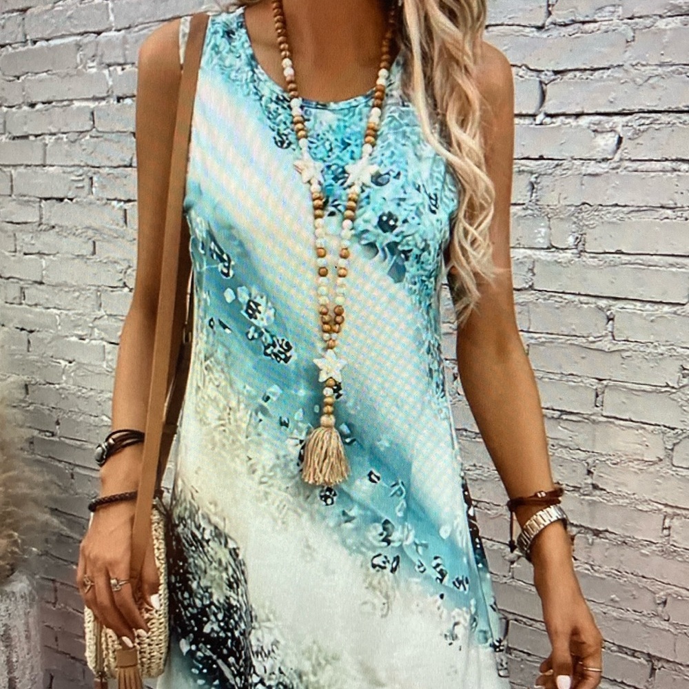 knees length blue abstract tank dress crew neck New